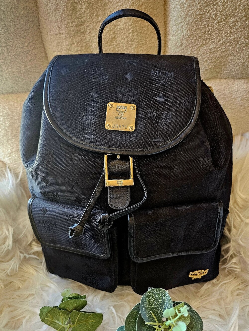 MCM Black Visetos Jacquard Nylon Backpack: Vintage